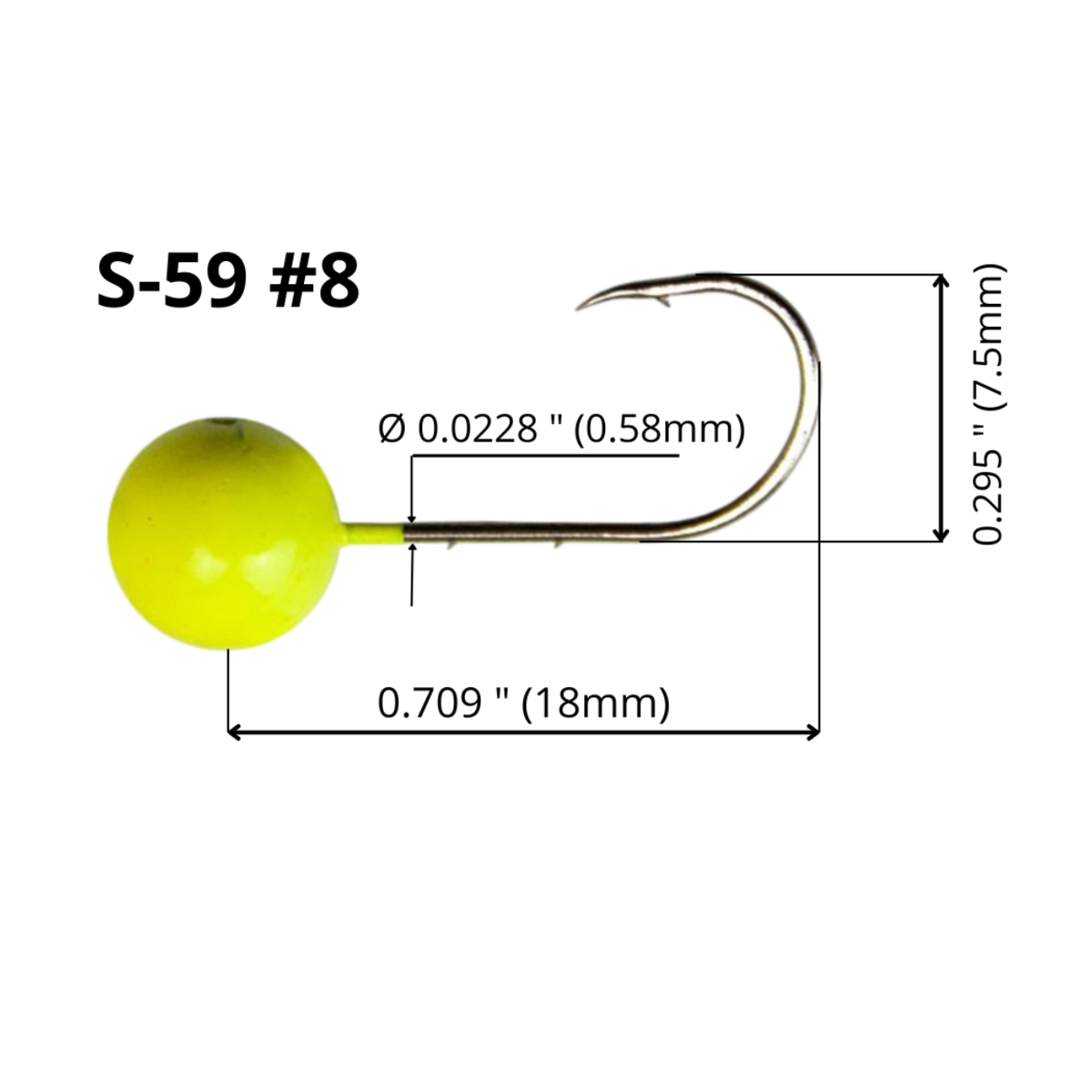 FishTrailCo S-59 Lemon mormyshka micro jig head with a #8 hook, showing hook length, height and wire diameter on a white background.