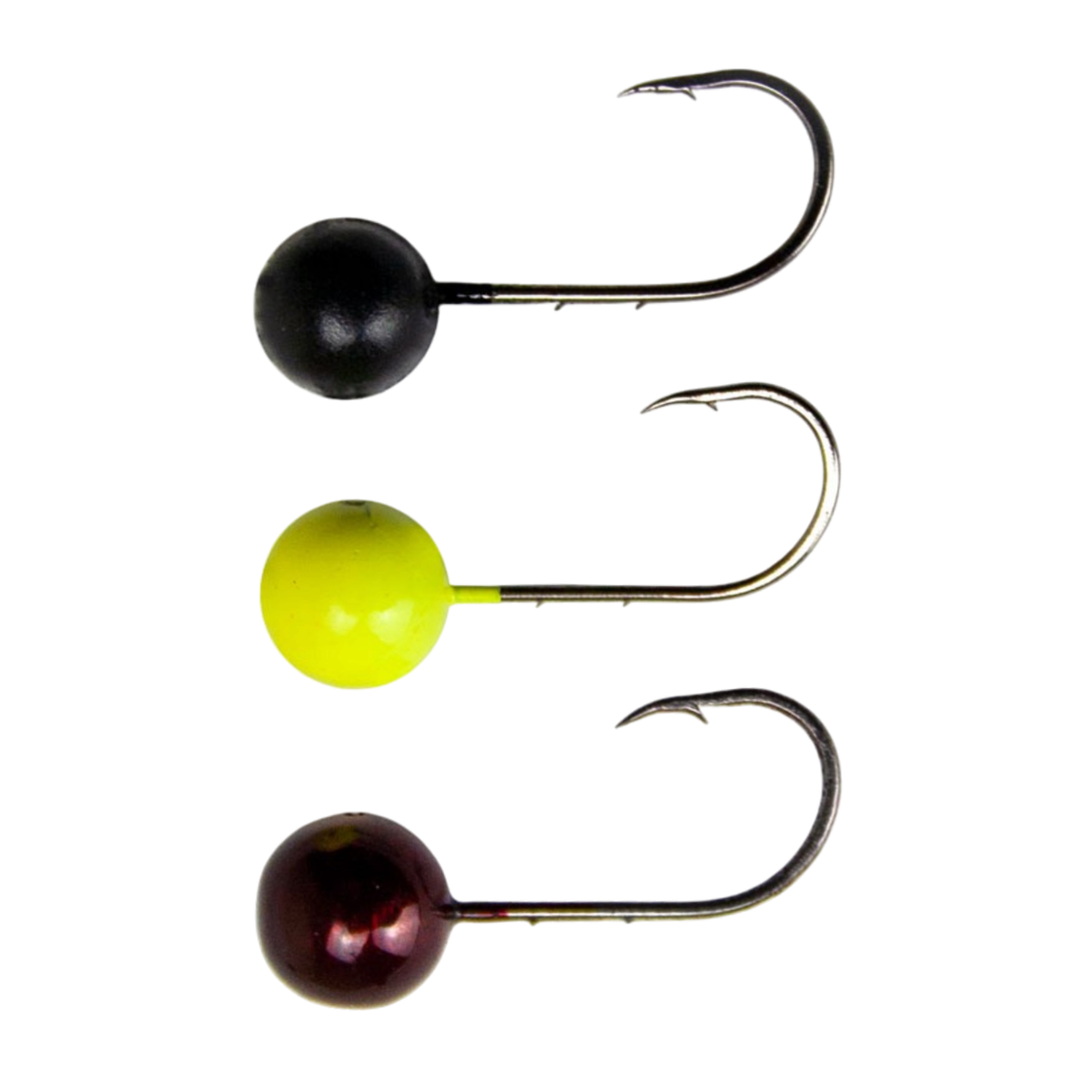 FishTrailCo S-59 mormyshka micro jig heads in Black, Lemon and Garnet, shown from the side on a white background.