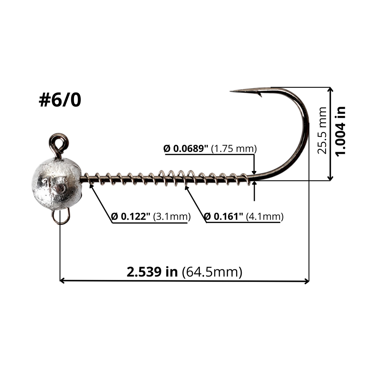 FishTrailCo 6/0 screw lock jig head dimension diagram showing hook length, height, wire diameter and spring keeper diameters.