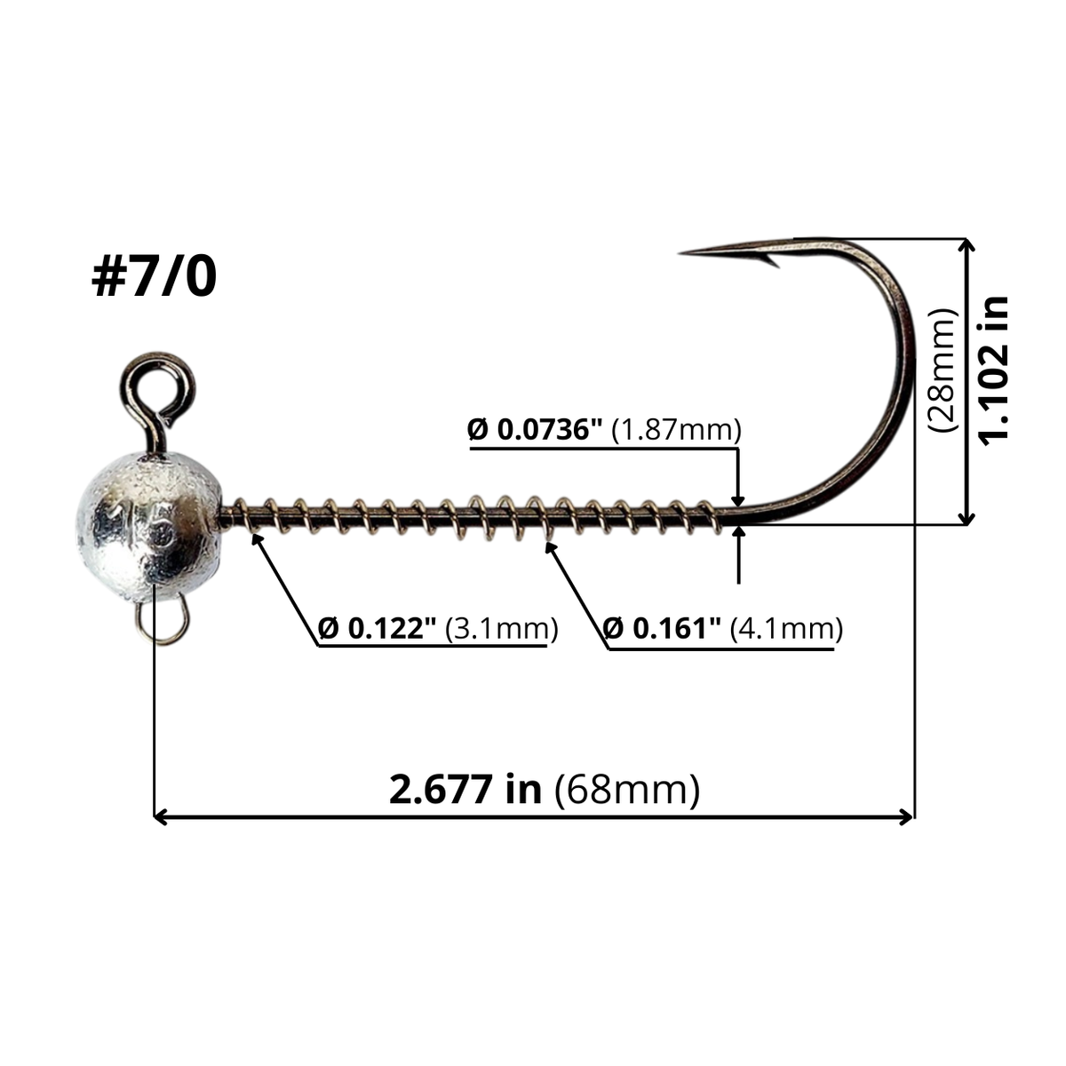 FishTrailCo 7/0 screw lock jig head dimension diagram showing hook length, height, wire diameter and spring keeper diameters.