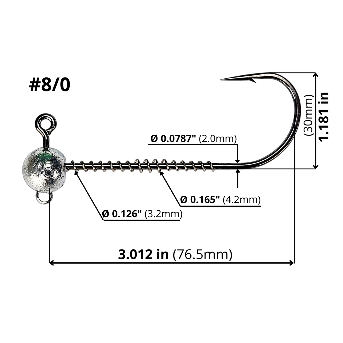 FishTrailCo 8/0 screw lock jig head dimension diagram showing hook length, height, wire diameter and spring keeper diameters.