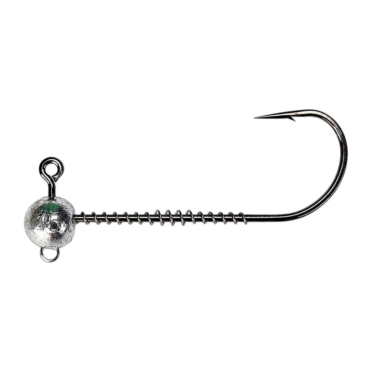 FishTrailCo screw lock jig head with a coil spring keeper, upper line-tie eye and lower stinger eye, shown horizontally.