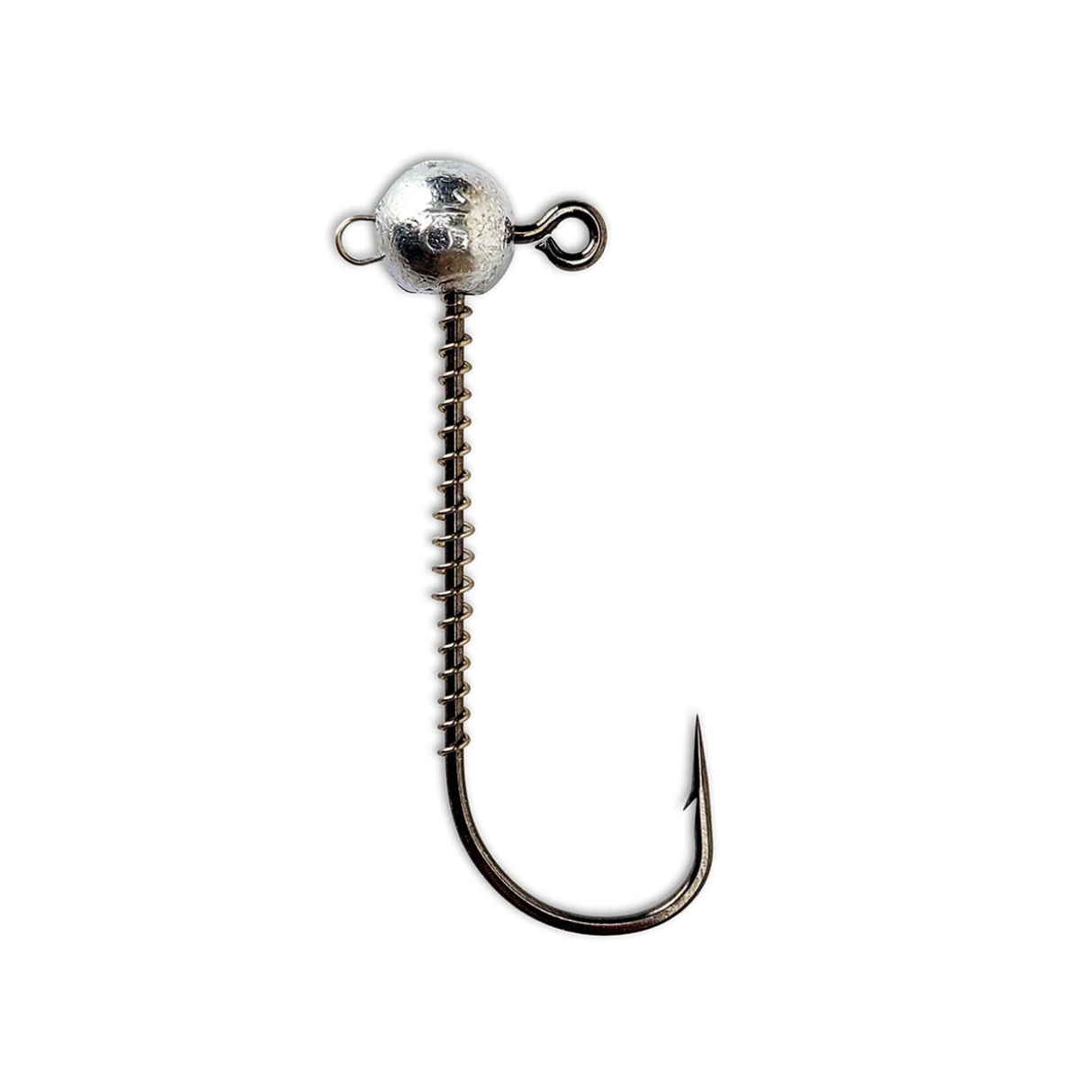 FishTrailCo screw lock jig head shown vertically, with the spring keeper and both attachment eyes visible.