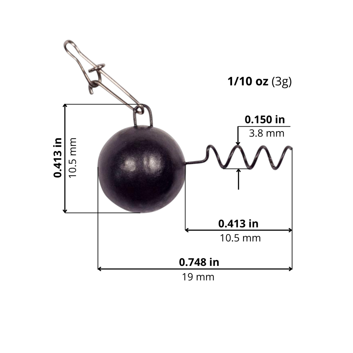 FishTrailCo Screw Lock Weight Head with Snap in Black, 3 g. Size diagram: head-to-keeper length 0.748 in / 19 mm; keeper length 0.413 in / 10.5 mm; height including eye 0.413 in / 10.5 mm; keeper diameter 0.150 in / 3.8 mm.