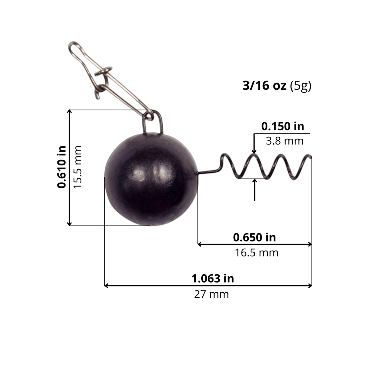 FishTrailCo Screw Lock Weight Head with Snap in Black, 5 g. Size diagram: head-to-keeper length 1.063 in / 27 mm; keeper length 0.650 in / 16.5 mm; height including eye 0.610 in / 15.5 mm; keeper diameter 0.150 in / 3.8 mm.