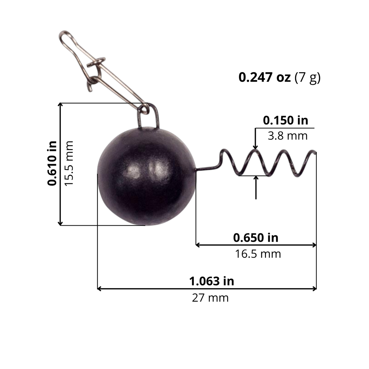 FishTrailCo Screw Lock Weight Head with Snap in Black, 7 g. Size diagram: head-to-keeper length 1.063 in / 27 mm; keeper length 0.650 in / 16.5 mm; height including eye 0.610 in / 15.5 mm; keeper diameter 0.150 in / 3.8 mm.