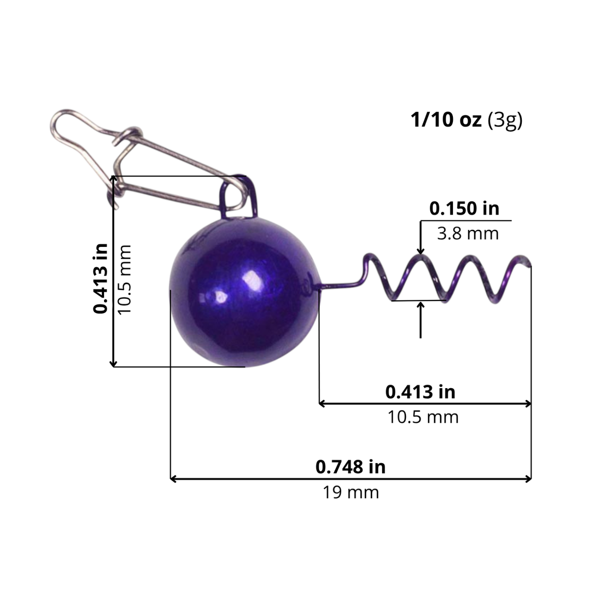 FishTrailCo Screw Lock Weight Head with Snap in Purple, 3 g. Size diagram: head-to-keeper length 0.748 in / 19 mm; keeper length 0.413 in / 10.5 mm; height including eye 0.413 in / 10.5 mm; keeper diameter 0.150 in / 3.8 mm.
