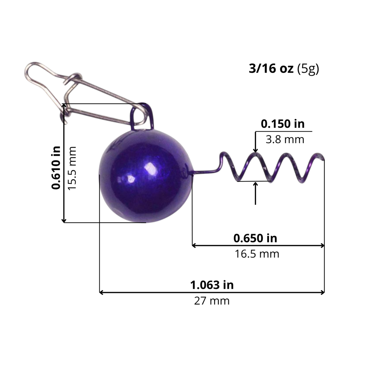 FishTrailCo Screw Lock Weight Head with Snap in Purple, 5 g. Size diagram: head-to-keeper length 1.063 in / 27 mm; keeper length 0.650 in / 16.5 mm; height including eye 0.610 in / 15.5 mm; keeper diameter 0.150 in / 3.8 mm.