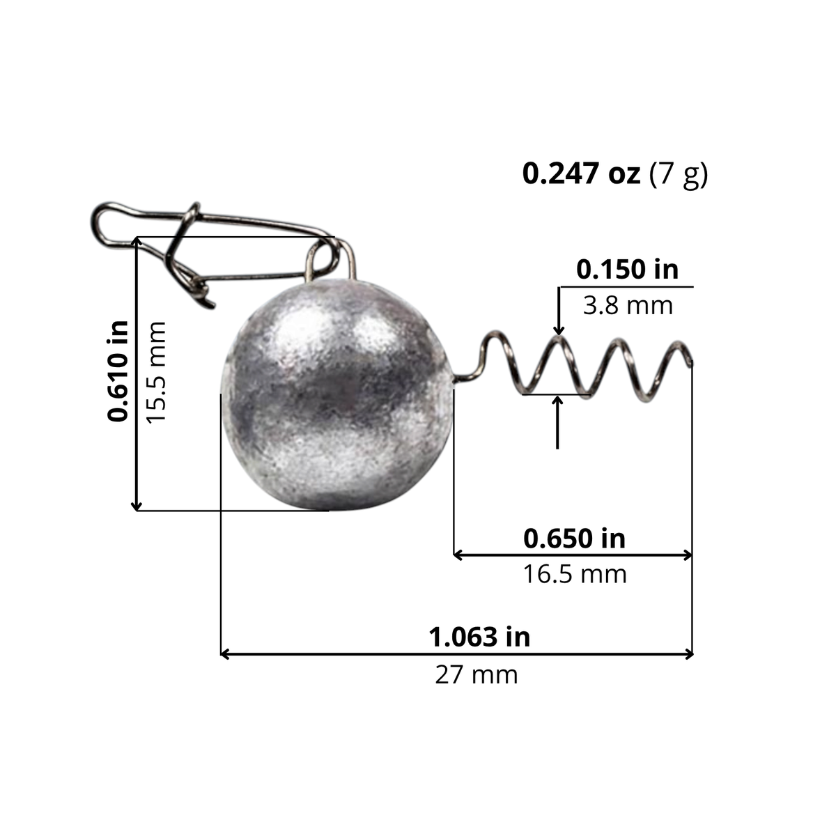 FishTrailCo Screw Lock Weight Head with Snap in Unpainted Lead, 7 g. Size diagram: head-to-keeper length 1.063 in / 27 mm; keeper length 0.650 in / 16.5 mm; height including eye 0.610 in / 15.5 mm; keeper diameter 0.150 in / 3.8 mm.