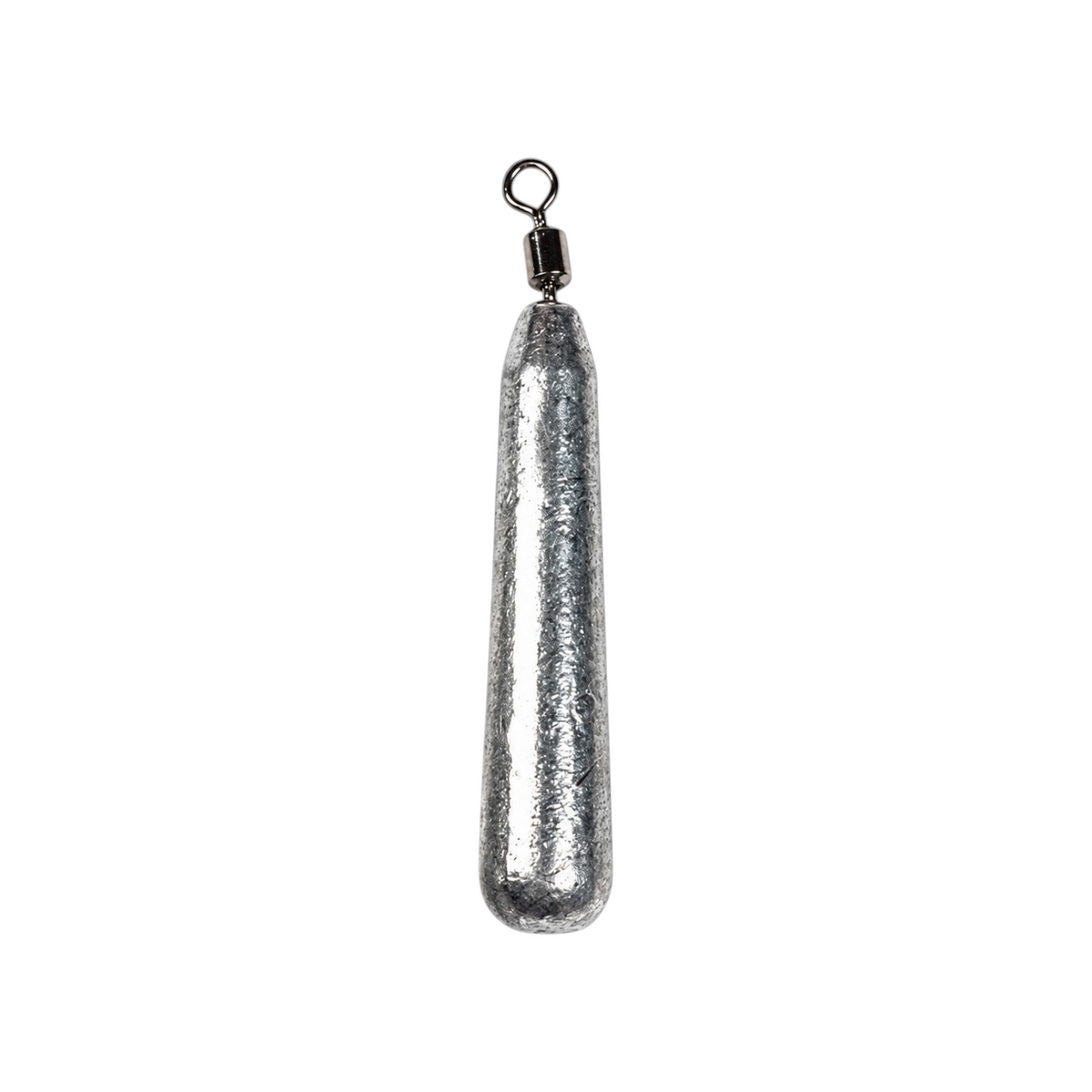 Single FishTrailCo 10g Slim Teardrop Drop Shot weight with an unpainted lead body and integrated swivel.