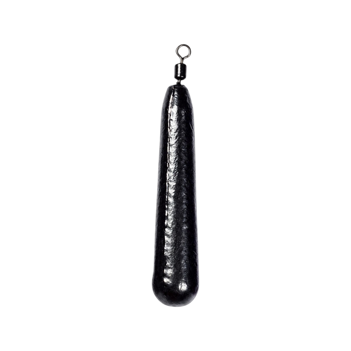 Single FishTrailCo 12g Slim Teardrop Drop Shot weight with a black finish and integrated swivel.