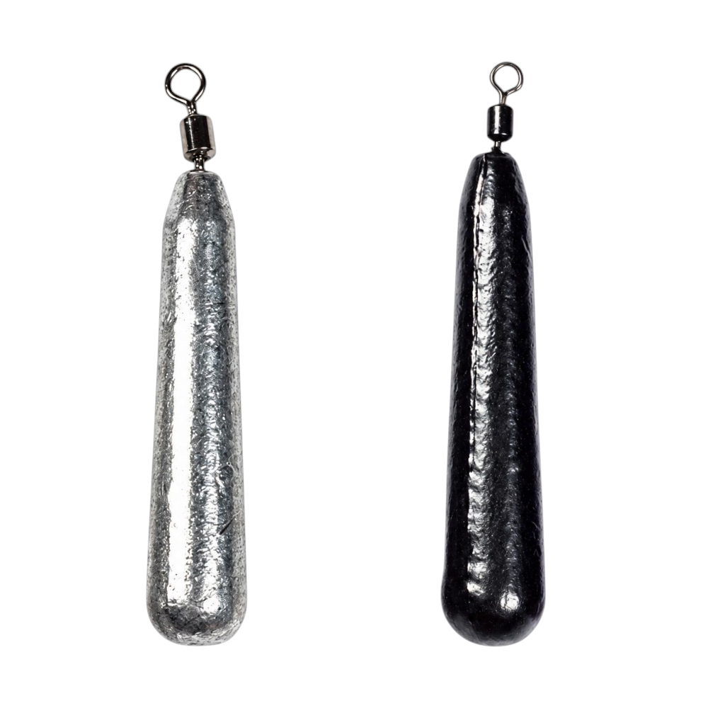Two FishTrailCo Slim Teardrop Drop Shot weights, one black and one unpainted, both with integrated swivels.
