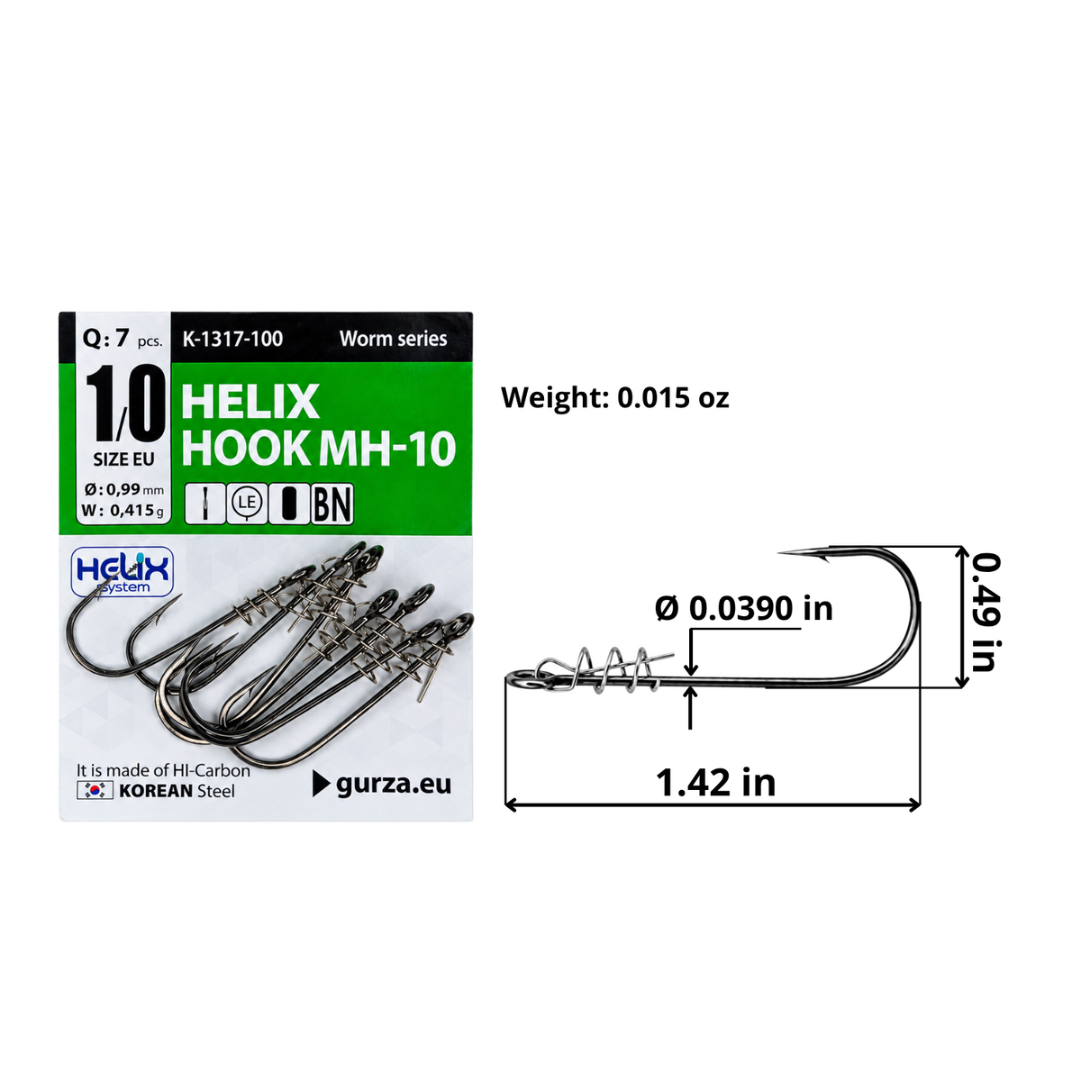 Helix Hook MH-10 size 1/0 black nickel single hook with spring bait keeper, 7-count pack, 1.42 by 0.49 inches, 0.0390-inch wire diameter, and 0.015-ounce hook weight.