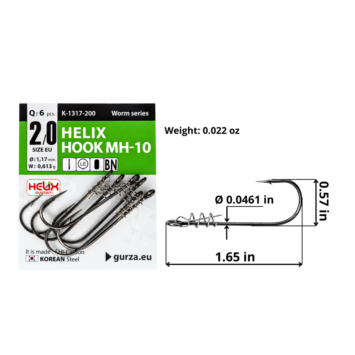Helix Hook MH-10 size 2/0 black nickel single hook with spring bait keeper, 6-count pack, 1.65 by 0.57 inches, 0.0461-inch wire diameter, and 0.022-ounce hook weight.