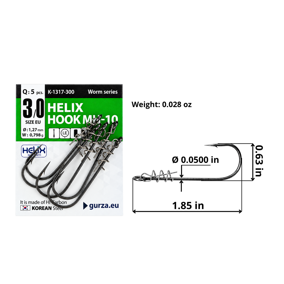 Helix Hook MH-10 size 3/0 black nickel single hook with spring bait keeper, 5-count pack, 1.85 by 0.63 inches, 0.0500-inch wire diameter, and 0.028-ounce hook weight.