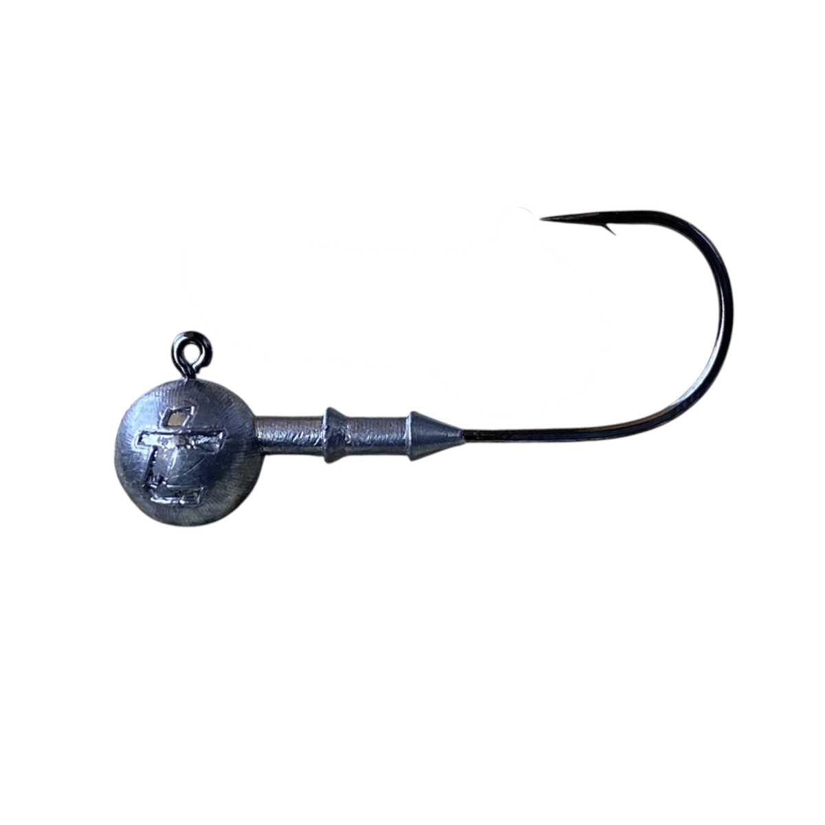 Intech Big Game Puncher round jig head with a wide-gap hook and double-collar bait keeper, side view on a white background.