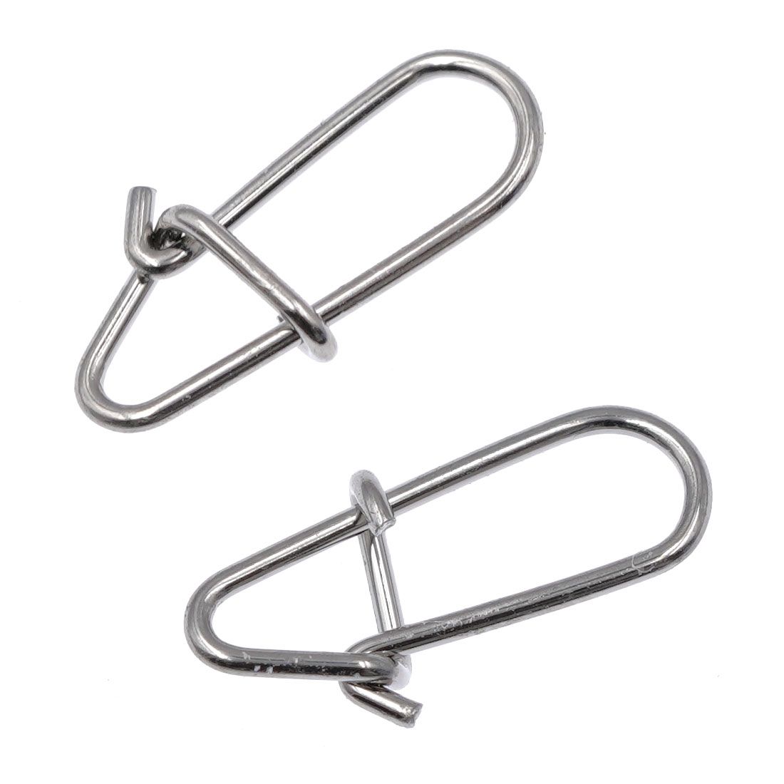 Two Intech Drop Snap nickel fishing snaps on a white background