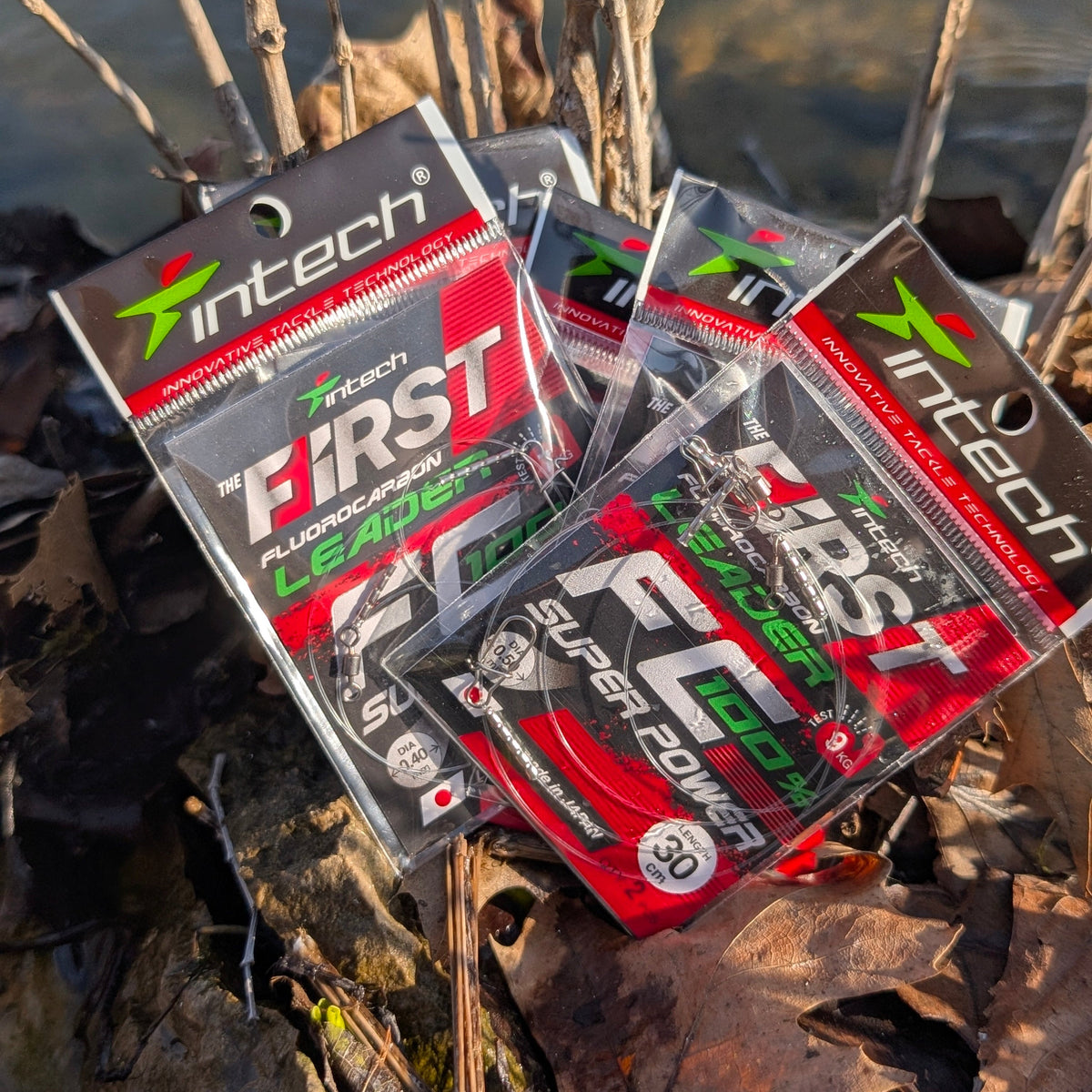 Intech fishing leaders packaging on a natural background