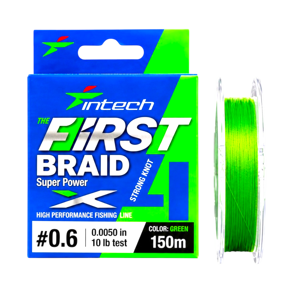 Intech First Braid X4 green braided fishing line, 10 lb test, 0.0050 in diameter, 164 yd spool with packaging on a light blue background.