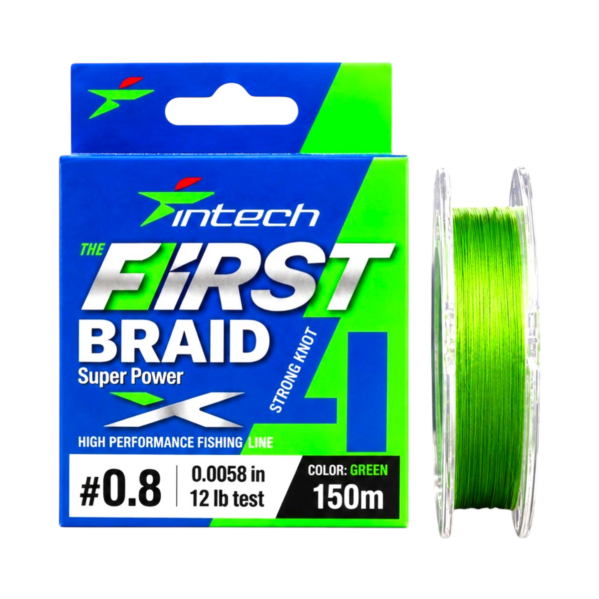 Intech First Braid X4 green braided fishing line, 12 lb test, 0.0058 in diameter, 164 yd spool with packaging on a light blue background.