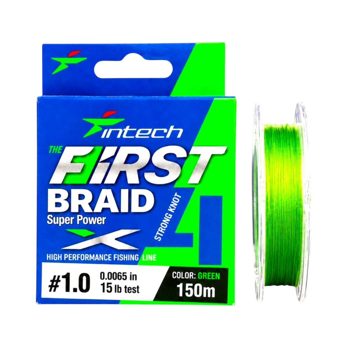 Intech First Braid X4 green braided fishing line, 15 lb test, 0.0065 in diameter, 164 yd spool with packaging on a light blue background.