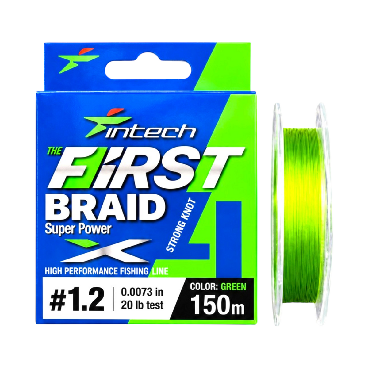 Intech First Braid X4 green braided fishing line, 20 lb test, 0.0073 in diameter, 164 yd spool with packaging on a light blue background.