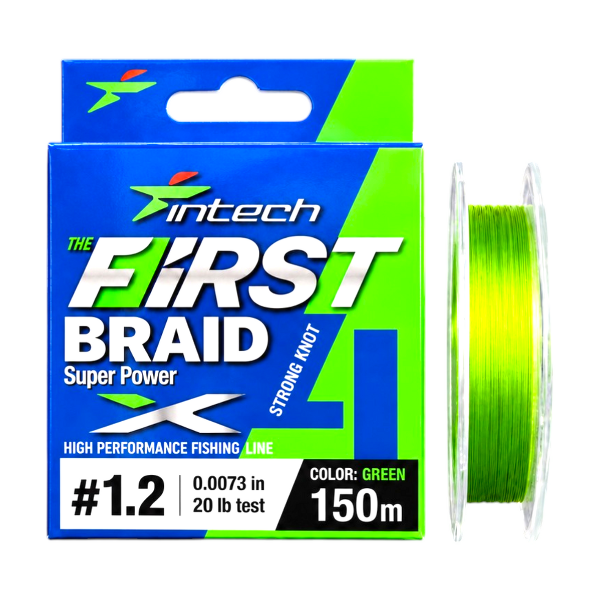 Intech First Braid X4 green 4-strand braided fishing line, 164 yd spool beside its packaging on a white background.