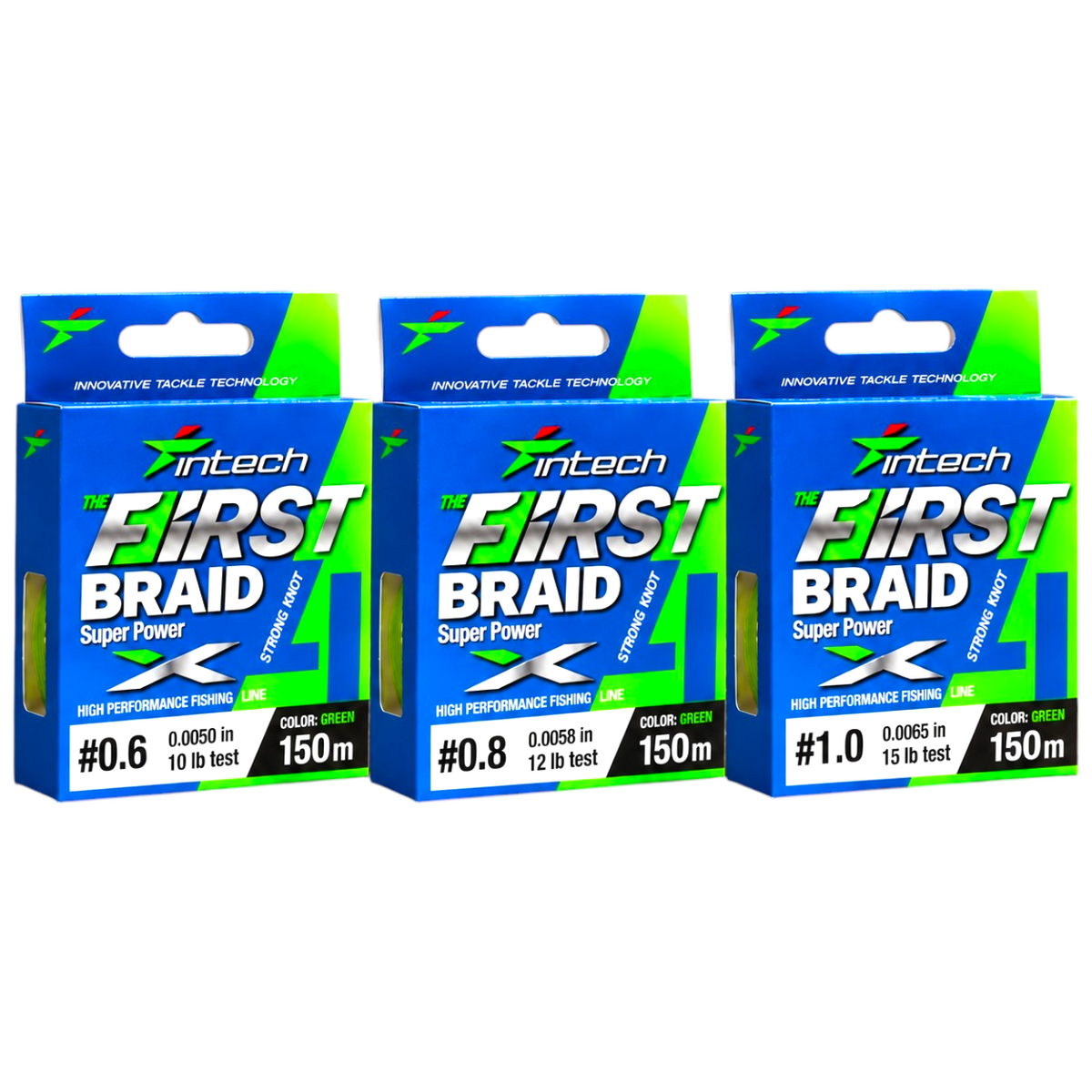 Three packages of Intech First Braid X4 green 4-strand braided fishing line, each containing a 164 yd spool, on a white background.