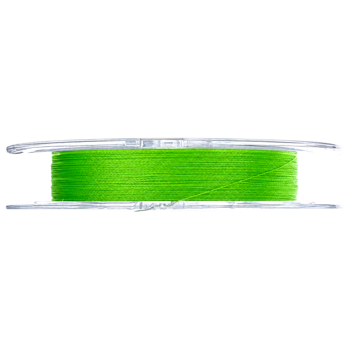 Close-up side view of green Intech First Braid X4 braided fishing line wound on a clear spool, showing the braid texture.