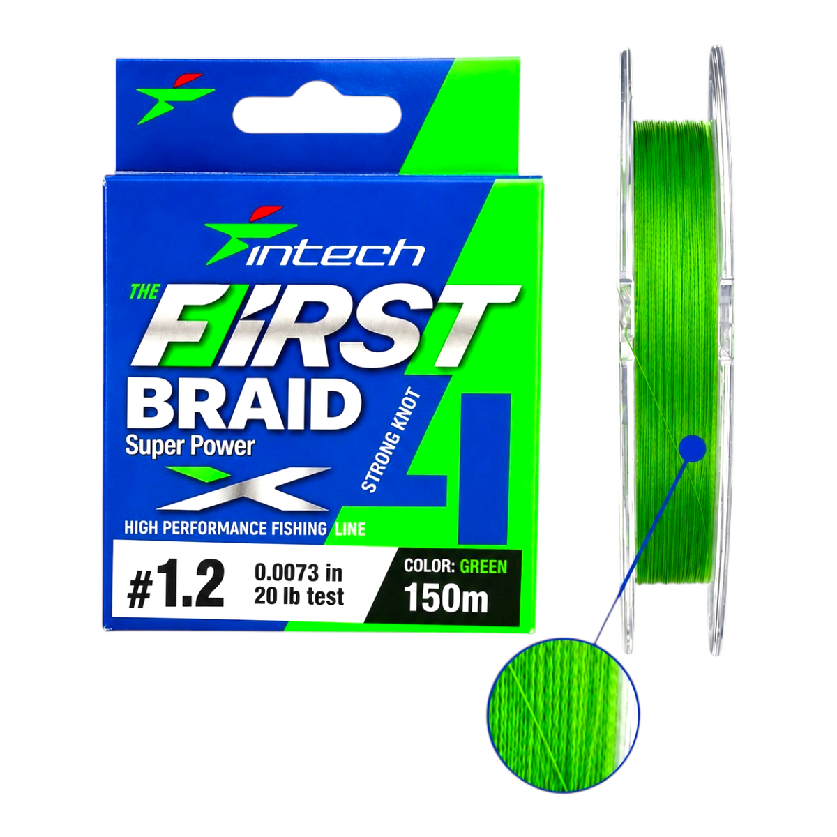 Intech First Braid X4 green braided fishing line with packaging, spool, and a magnified detail of its dense weave.