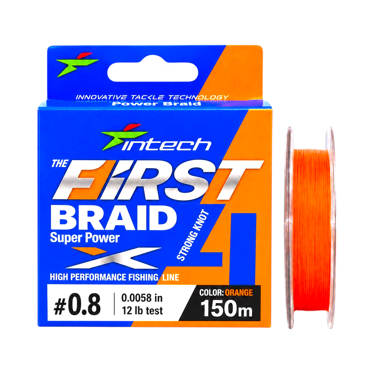 Product card for Intech First Braid X4 Orange 4-strand braided fishing line, 164 yd, 12 lb test, 0.0058 in diameter.