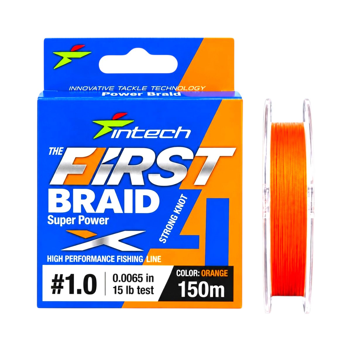 Product card for Intech First Braid X4 Orange 4-strand braided fishing line, 164 yd, 15 lb test, 0.0065 in diameter.