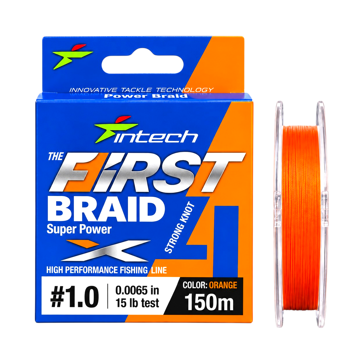 Intech First Braid X4 Orange braided fishing line, 164 yd, with packaging and spool.