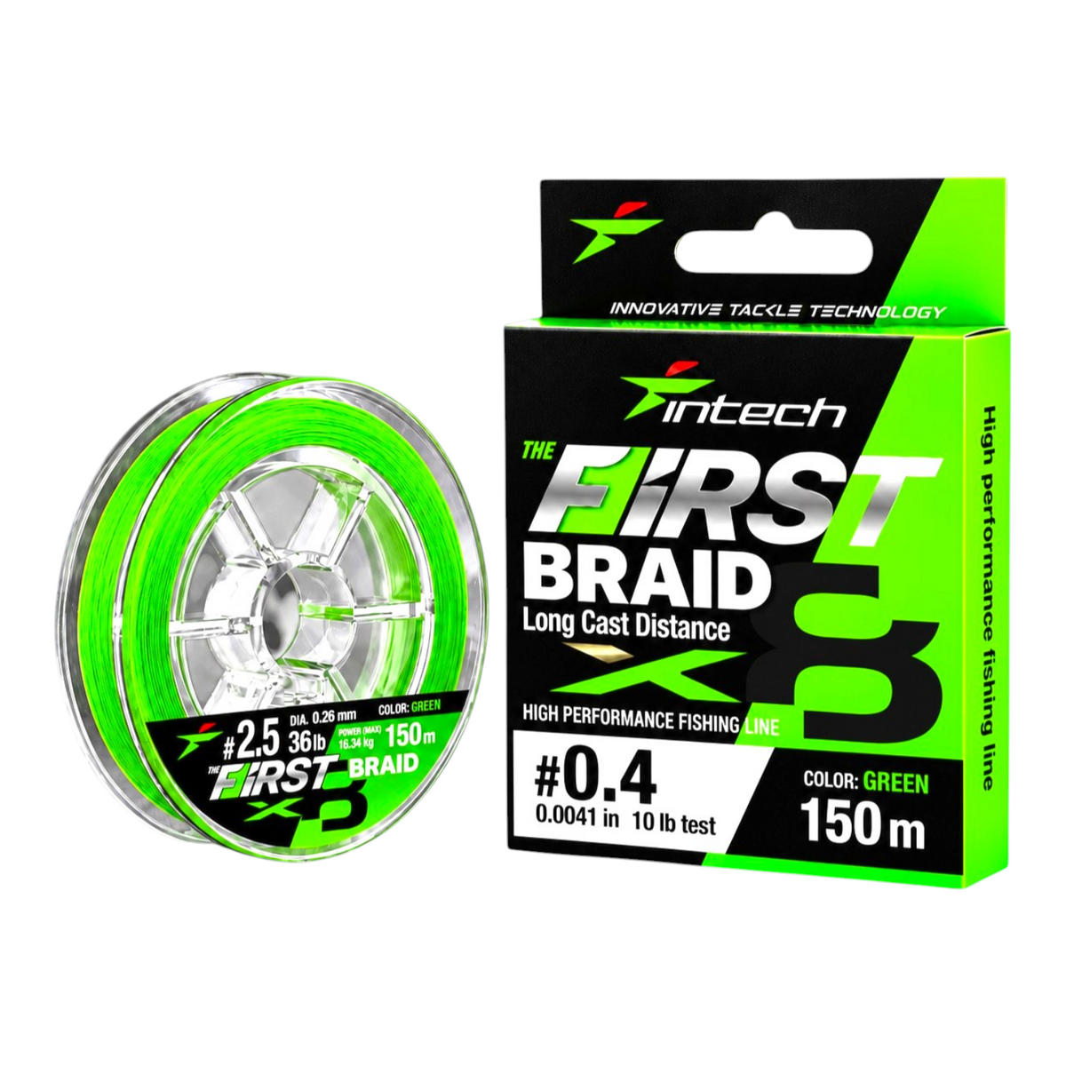 Intech First Braid X8 green braided line, PE #0.4, 10 lb test, 164 yd spool with packaging on a light blue background.