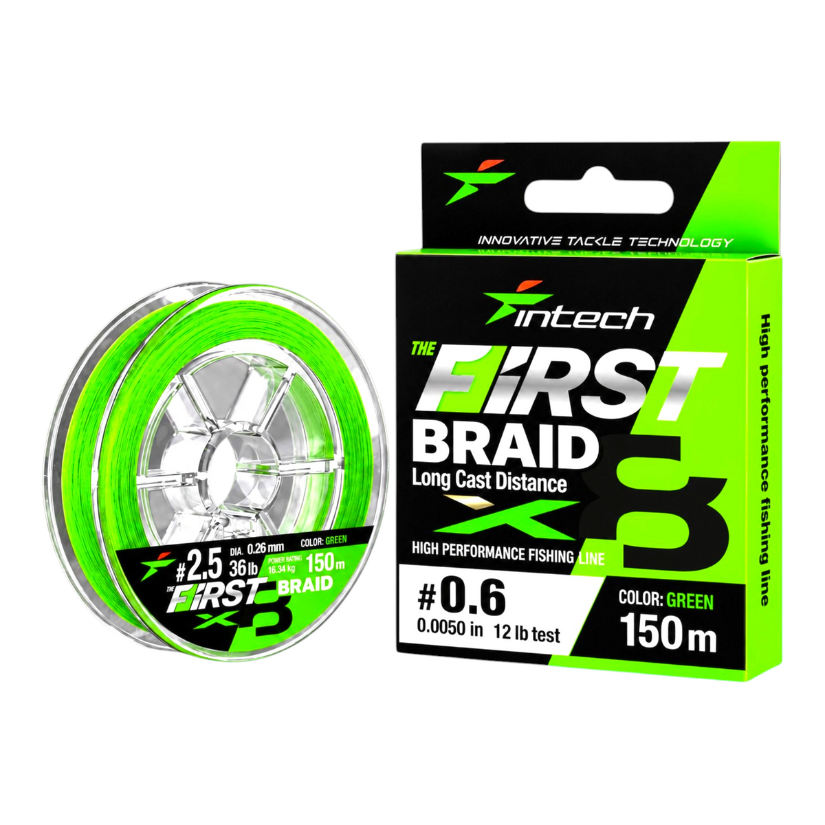 Intech First Braid X8 green braided line, PE #0.6, 12 lb test, 164 yd spool with packaging on a light blue background.
