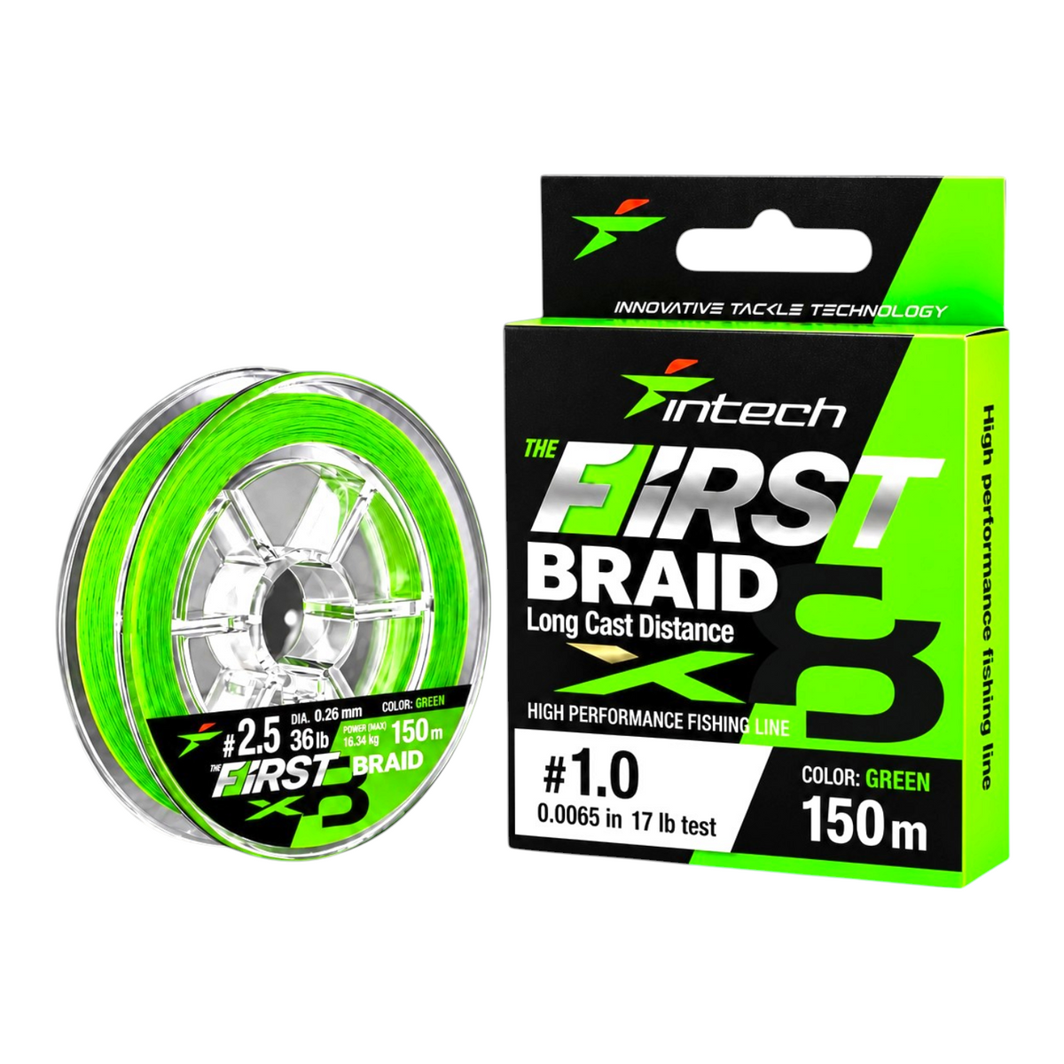 Intech First Braid X8 green braided line, PE #1.0, 17 lb test, 164 yd spool with packaging on a light blue background.