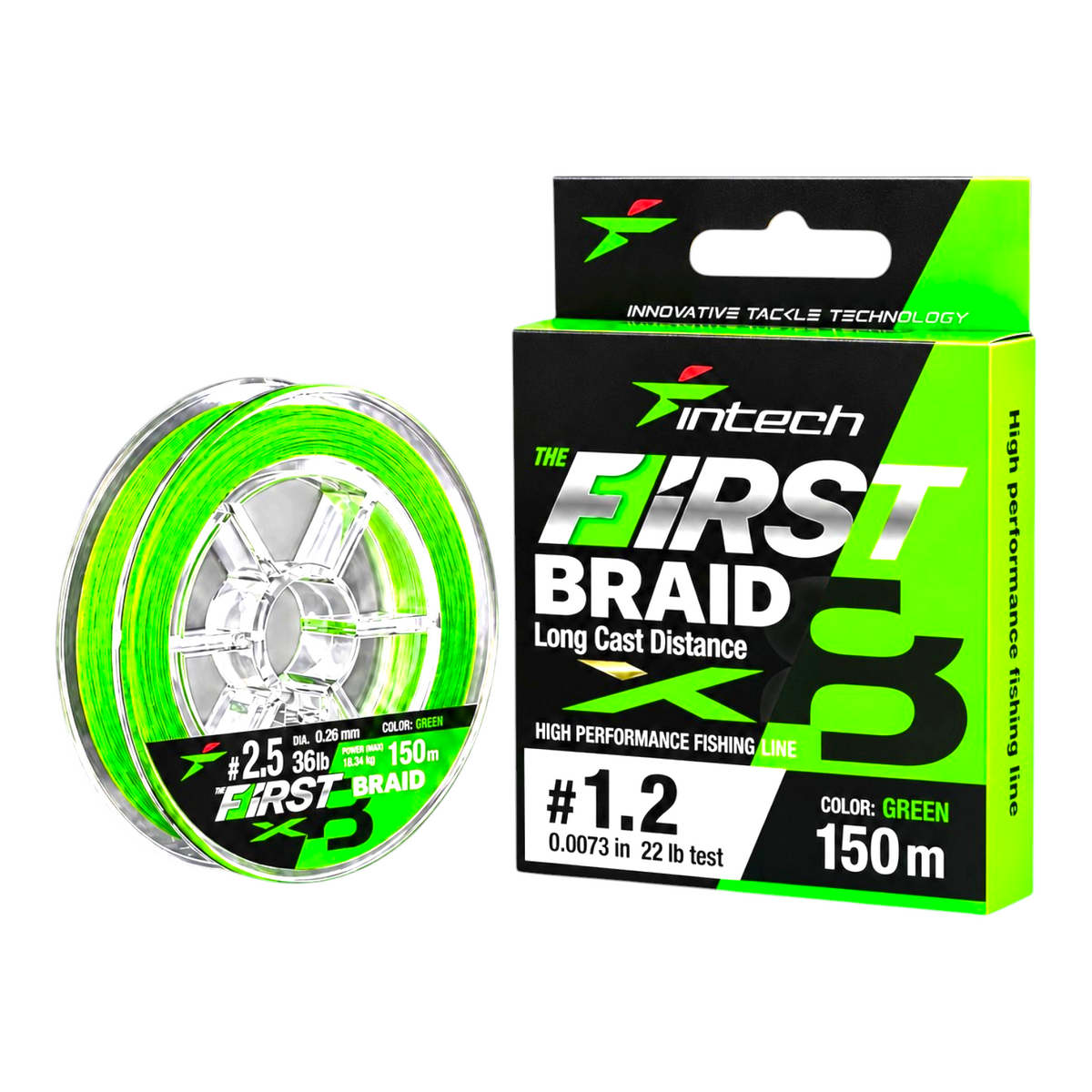 Intech First Braid X8 green braided line, PE #1.2, 22 lb test, 164 yd spool with packaging on a light blue background.