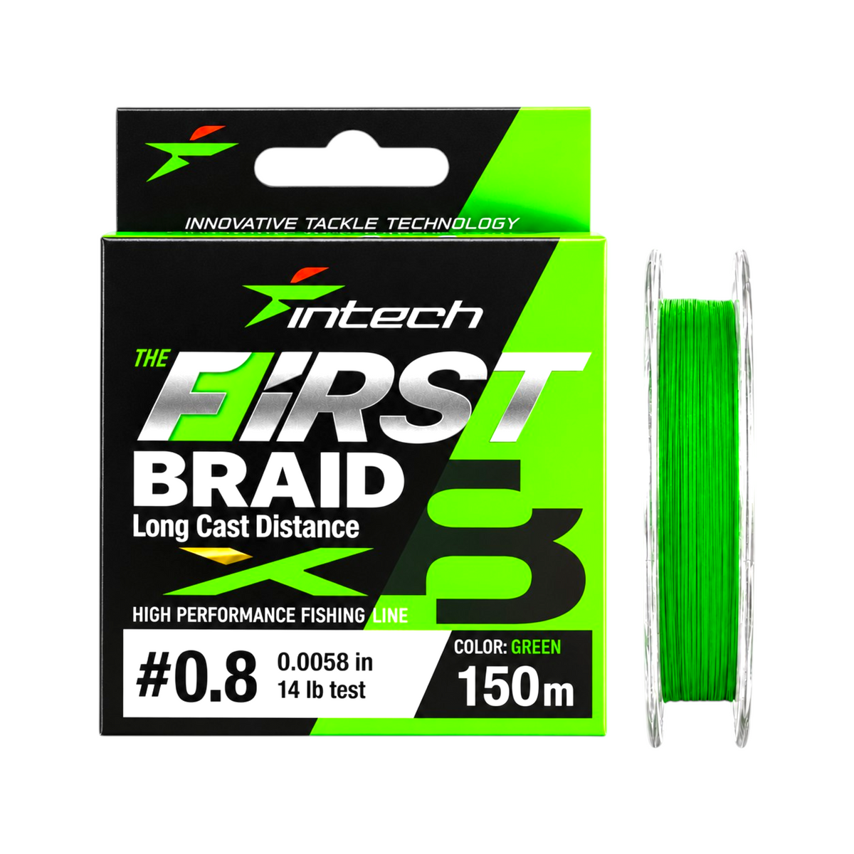 Intech First Braid X8 green braided fishing line, 164 yd spool shown beside its packaging on a white background.