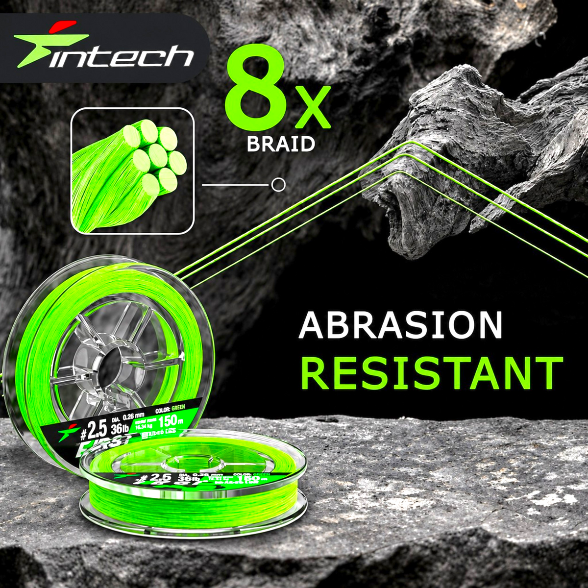 Intech First Braid X8 green braided line spools with an eight-strand construction diagram and abrasion resistance graphic.