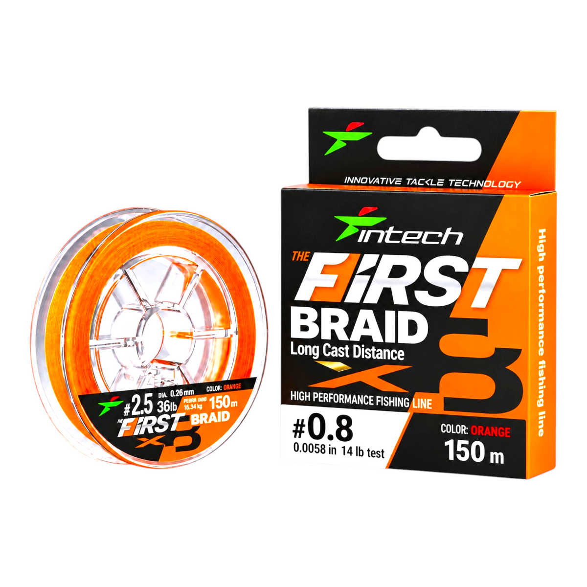 Intech First Braid X8 orange braided line, PE #0.8, 14 lb test, 164 yd spool with packaging on a light blue background.