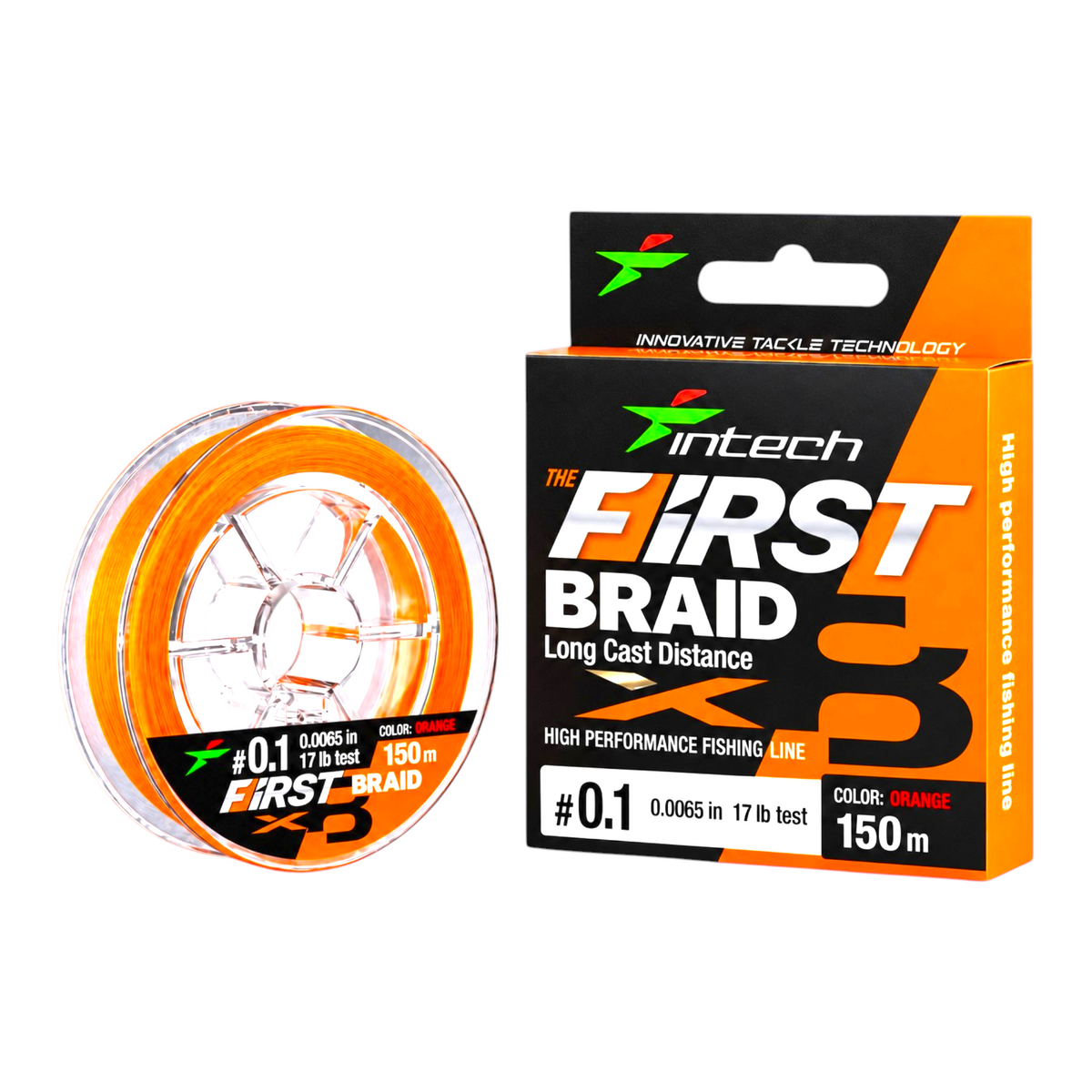 Intech First Braid X8 orange braided line, PE #1.0, 17 lb test, 164 yd spool with packaging on a light blue background.