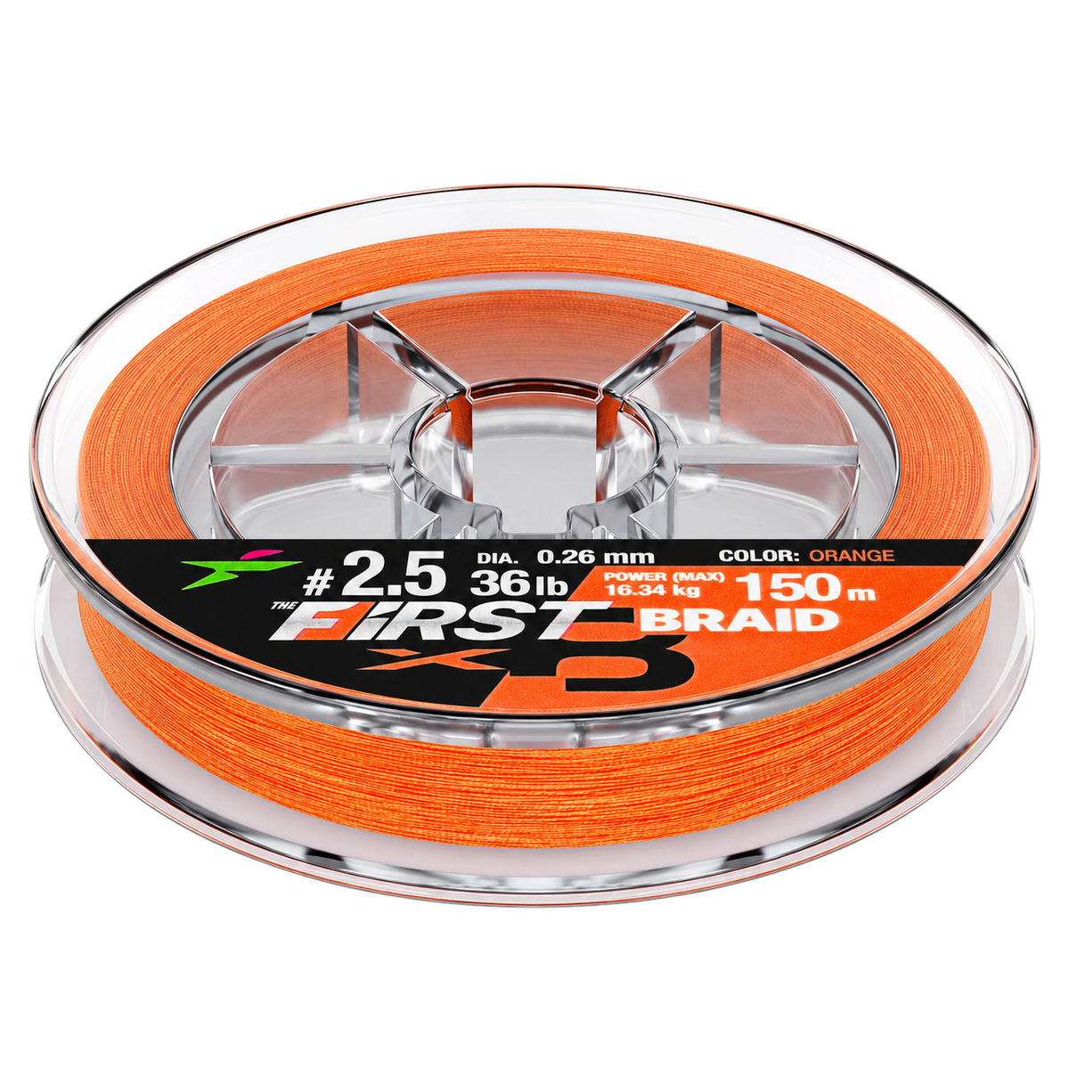 Intech First Braid X8 orange braided fishing line on a clear spool, viewed from above at an angle on a white background.