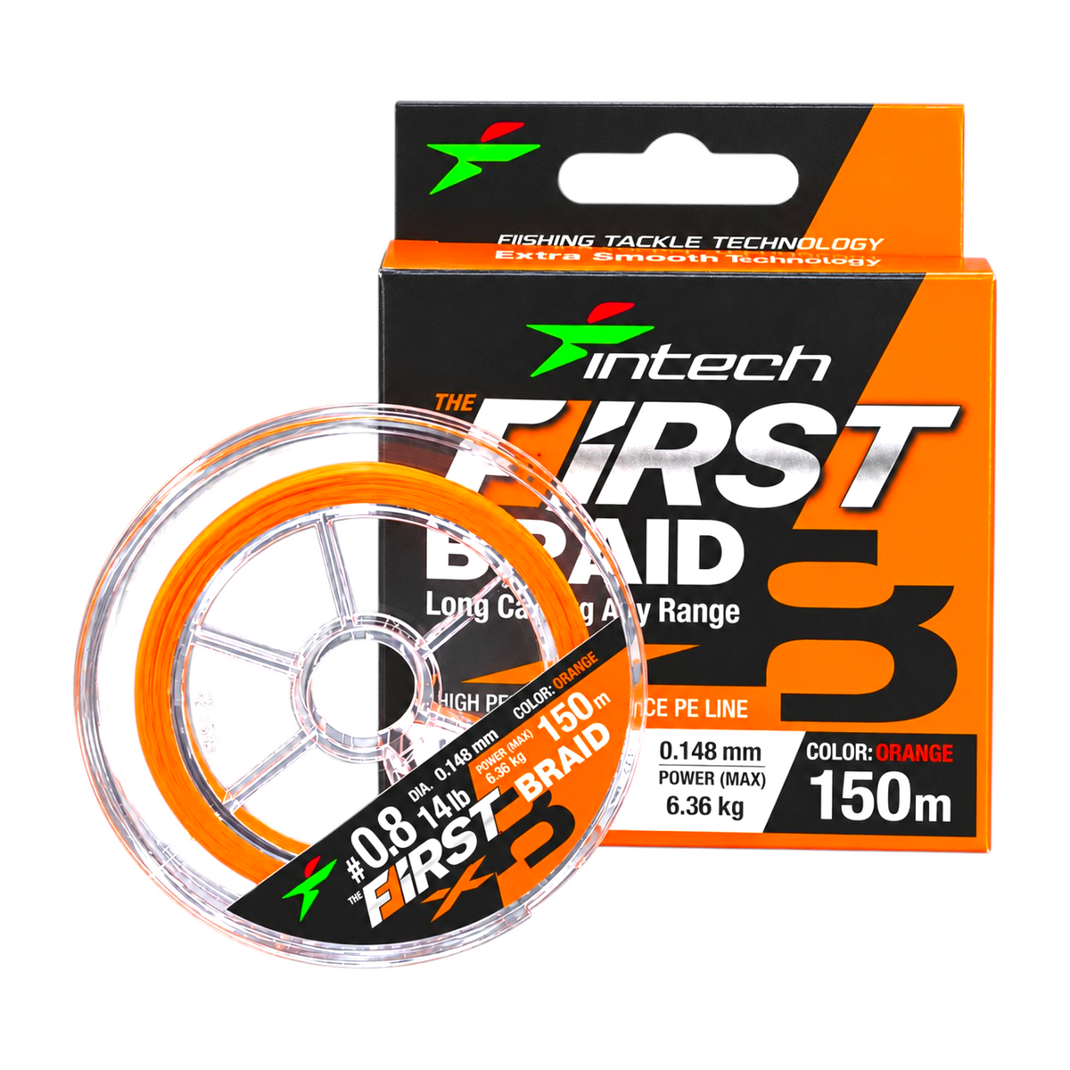Intech First Braid X8 orange braided fishing line, 164 yd spool shown beside its packaging on a white background.