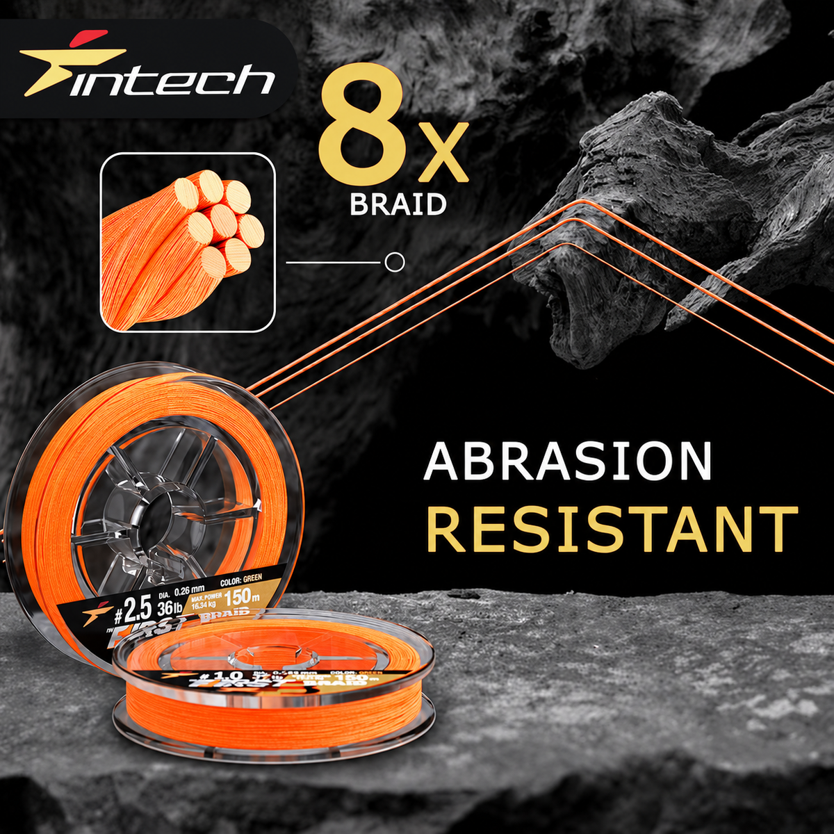 Intech First Braid X8 orange braided line spools with an eight-strand construction diagram and abrasion resistance graphic.