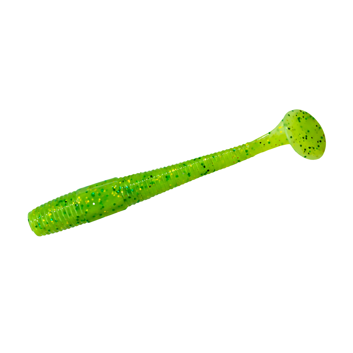 Intech Long Heel 3-inch paddle tail swimbait in Lime Green Glitter with a ribbed body and round paddle tail on a white background.