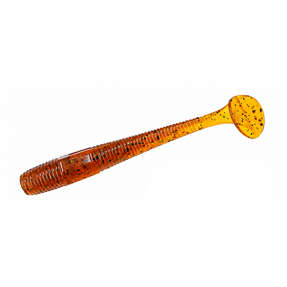 Intech Long Heel 3-inch paddle tail swimbait in Motor Oil with a ribbed body and glitter flecks on a white background.