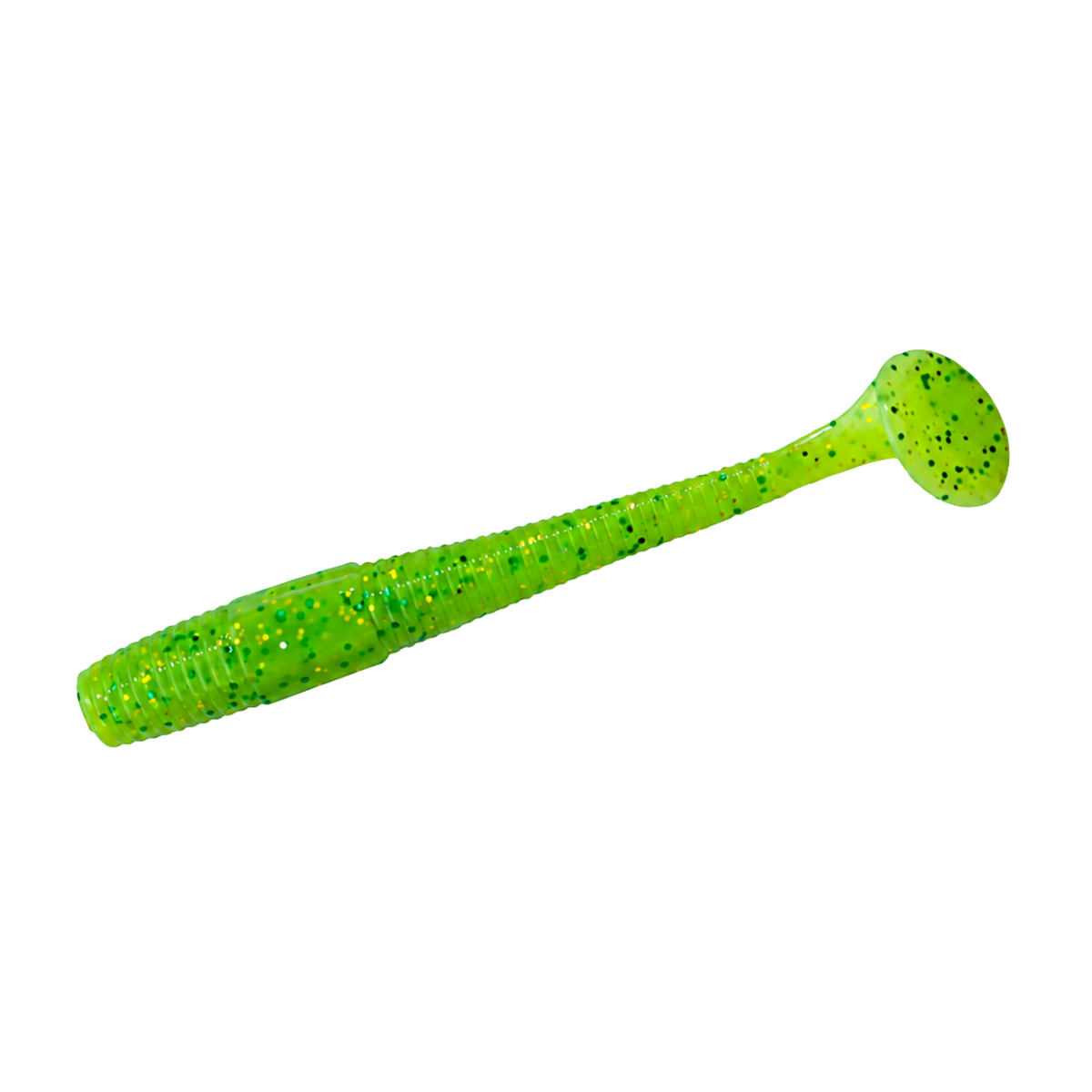 Intech Long Heel 4-inch paddle tail swimbait in Chartreuse Pepper with a ribbed body and round paddle tail on a white background.