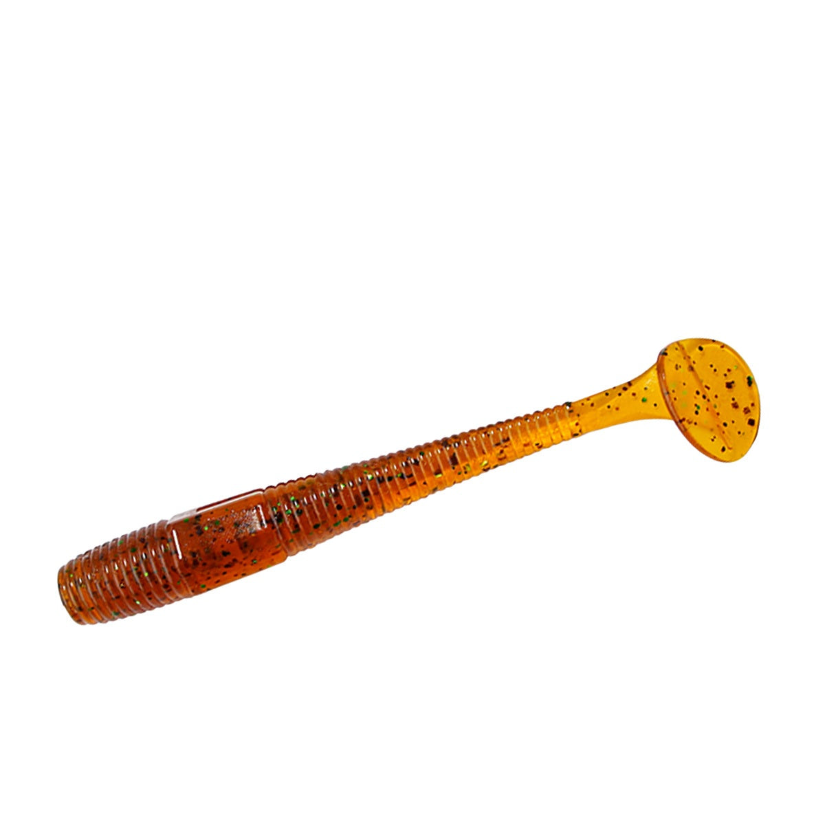 Amber Intech Long Heel 4-inch paddle tail swimbait with dark flecks.