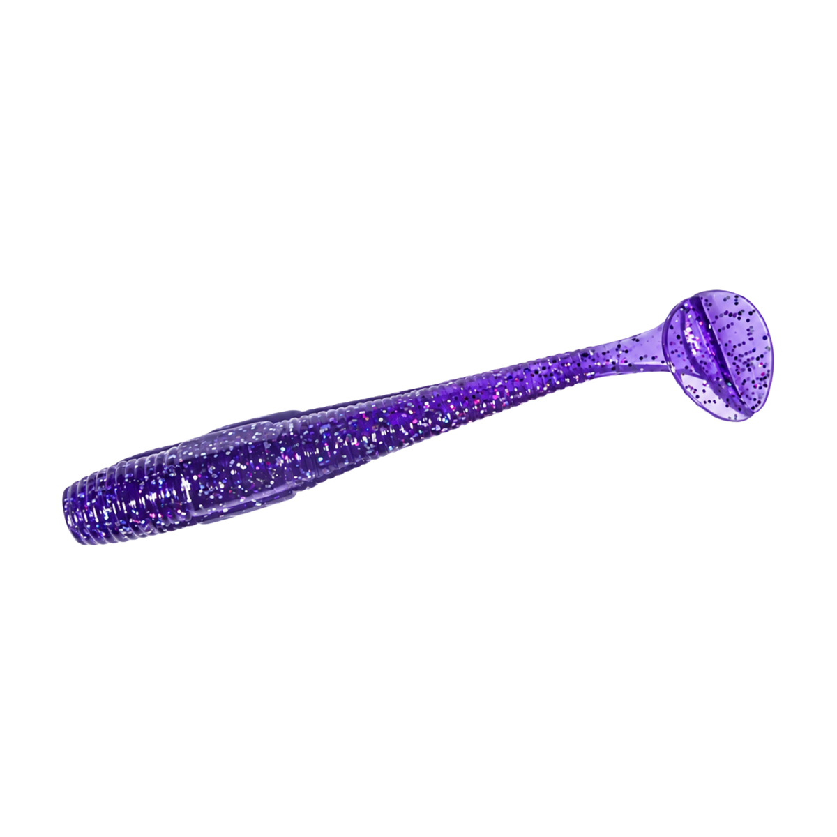 Intech Long Heel 4-inch paddle tail swimbait in Purple Hologram with a ribbed body and round paddle tail on a white background.