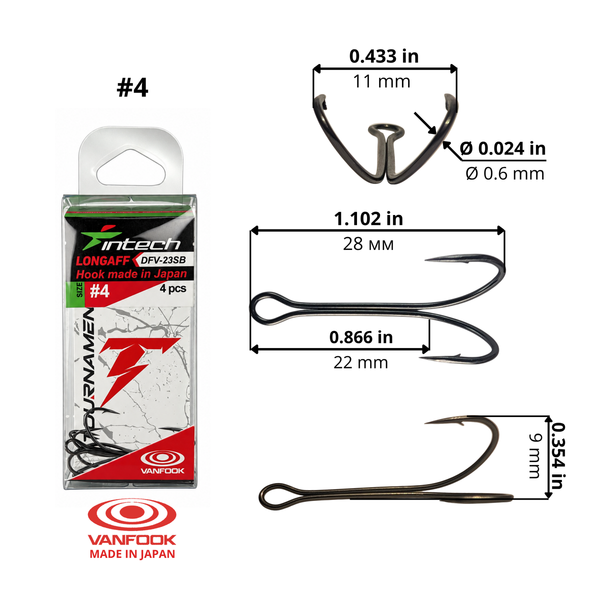 Intech Longaff DFV-23SB double hook #4, 4-pack. Size diagram: length 1.102 in / 28 mm; eye-to-bend length 0.866 in / 22 mm; point spread 0.433 in / 11 mm; height 0.354 in / 9 mm; wire diameter 0.024 in / 0.6 mm.